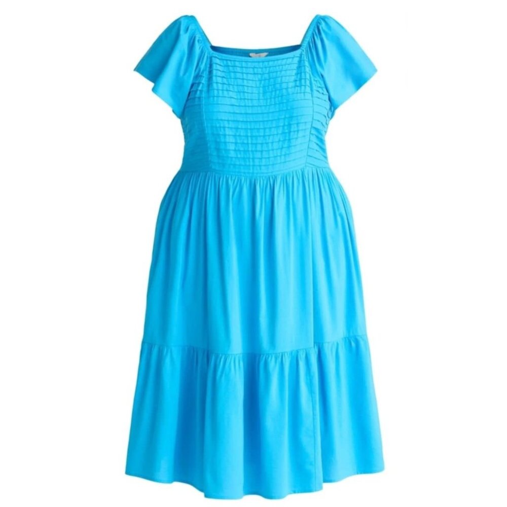 Terra & Sky Flutter Sleeve Midi Dress 4X Blue Tiered Pleated Casual Resortcore